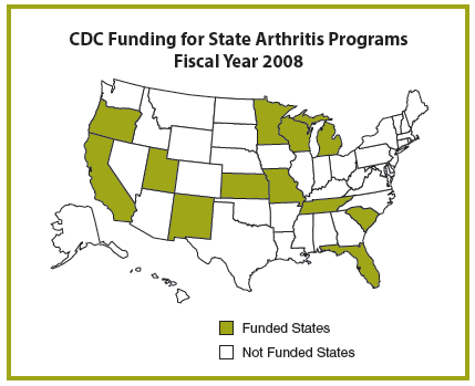 Map showing CDC funding for state arthritis programs fiscal year 2008