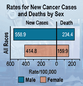 Chart: Rates for New Cancer Cases and Deaths by Sex