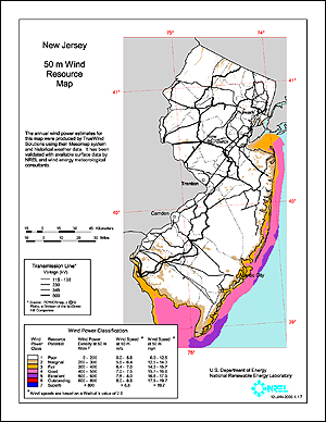This map of New Jersey shows the wind resource at 50 meters. Click on the image to view a larger version.