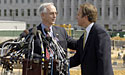 Photo - Jim Laychak, (right) president of the Pentagon Memorial fund, welcomes Deputy Defense Secretary Gordon England to a media event at the construction site of the Pentagon 9/11 memorial on Sept. 7, 2007. Laychak's brother was one of the 184 people killed in the 2001 terrorist attack.   Defense Dept. photo by R. D. Ward