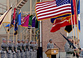 Photo - Sgt. Jeannie S. Tauala sings “America the Beautiful” at the Combined Joint Task Force - 82 Sept. 11 Memorial at Bagram Airfield, Afghanistan, Sept. 11, 2007.  U.S. Army photo by Sgt. Jim Wilt
