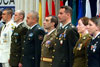 Army Spc. Monica Brown, far right, stands with 25 other soldiers representing all 26 nations of the NATO alliance during an April 3, 2008, ceremony during the NATO Summit Conference in Bucharest, Romania, honoring those who have served in NATO operations around the world. Brown received the Silver Star for heroism in combat in Afghanistan. NATO photo