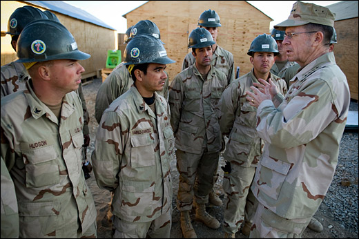 U.S. Navy Adm. Mike Mullen, chairman of the Joint Chiefs of Staff, visits with Seabees from the 7th Naval Construction Battalion assigned to Camp Bastion, Helmand Province, Afghanistan, Dec. 21, 2008. DoD photo by Petty Officer 1st Class Chad J. McNeeley