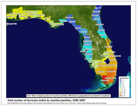 [Map of 1900-2007 Hurricane Strikes by U.S. counties/parishes (East Gulf)]