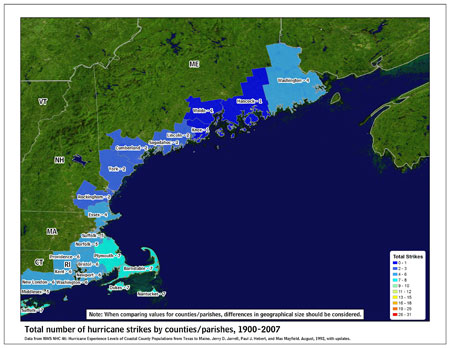 [Map of 1900-2007 Hurricane Strikes by U.S. counties/parishes (Northeast)]