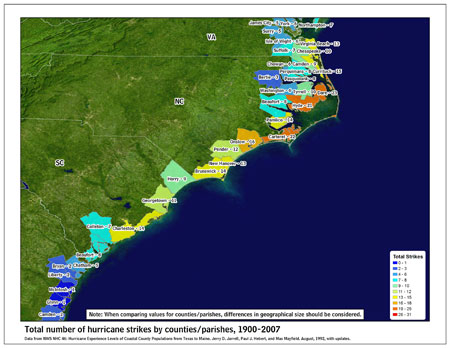 [Map of 1900-2007 Hurricane Strikes by U.S. counties/parishes (Southeast)]