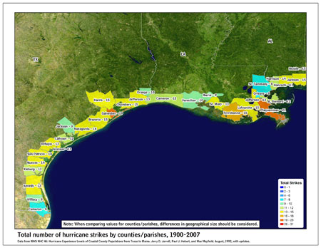 [Map of 1900-2007 Hurricane Strikes by U.S. counties/parishes (West Gulf)]