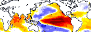 This global map shows a strong El Nino in the tropical Pacific