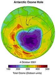 Satellite-view of Antarctica showing a large blue ozone hole.