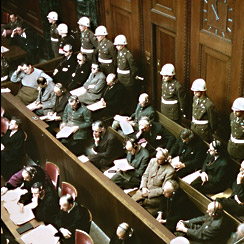 View of the defendants in the dock at the International Military Tribunal trial of war criminals at Nuremberg. November 1945.