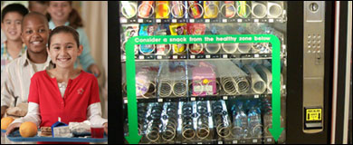 collage: Students holding a tray with a healthy lunch. Snacks in a vending machine.