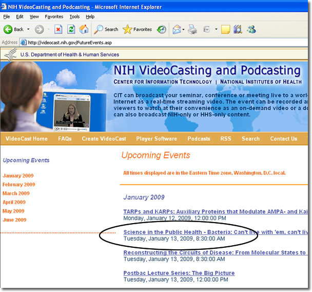 Screenshot of the NIH VideoCast website showing the Upcoming Events page