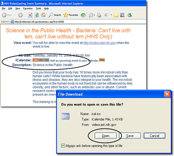 Screenshot of the NIH VideoCast Event Summary page for one specific event, along with another popup window for File Download, asking whether to open or save this file.