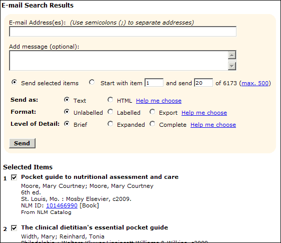 Screen capture of E-mail Search Results interface.