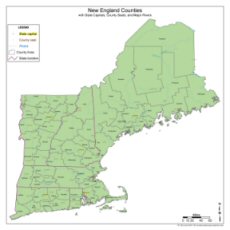 New England map of counties, county seats, state capitals and major rivers