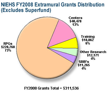 FY2008 Extramural Grants Distribution. Centers $40,478 (13%), Training $18,862 (6%), RPGs $228,760 (73%), SBIRs $11,265 (4%), Other Research $12,171 (4%).