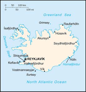 Map of Iceland, Courtesy of The World Factbook