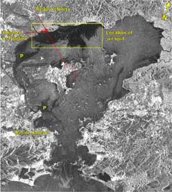 January 18, 2000--a pipeline ruptured on the edges of Guanabara Bay near Rio de Janeiro. Photo by Canadian Center for Remote Sensing.