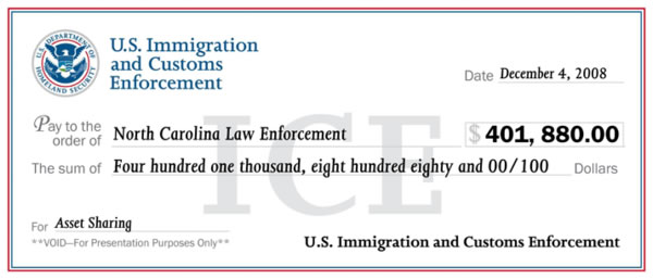 ICE shares more than $400,000 with North Carolina state and local law enforcement agencies
