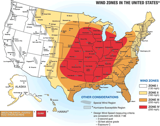Map of US Wind Zones which is described in the table below.