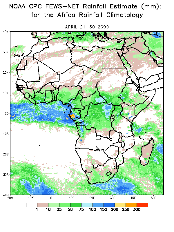 Dekadal rainfall as estimated from the climatology method RFE (GPI+GTS only)