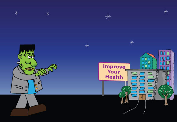 Animated ecard with Frankenstein visiting a health clinic where he gets a check up, then gets vaccinated. Messages are get check-ups, get vaccinated, eat healthy, and be active. The final screen states 