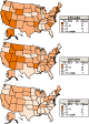 Figure 6-5. Pneumoconiotic agents: Percent of exposures exceeding the NIOSH recommended exposure limits by state, MSHA metal/nonmetal mine samples, 1979–2003