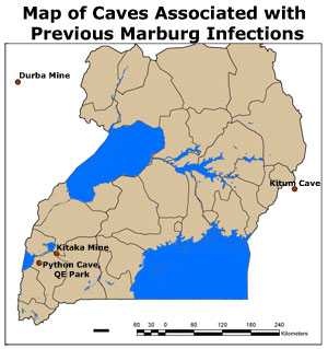 Map of Uganda with marked locations of caves associated with previous Marburg infections.