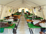 Photo of the inside of a cholera treatment tent with numerous ill people lying on cots