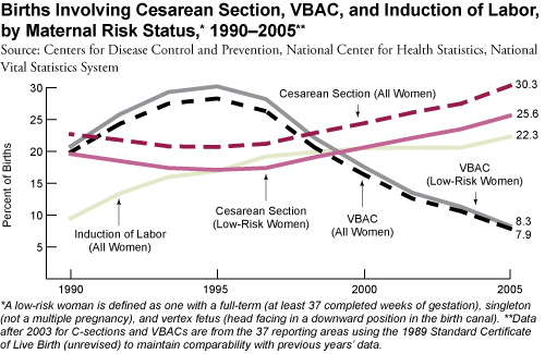 Births Involving Cesarean Section, VBAC, and Induction of Labor, by Maternal Risk Status, 1990-2005