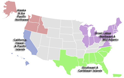 Map showing regional breakdown of funding opportunities by Northeast, Southeast, Southwest, and Northwest regions.  You can also link to regional funding pages using links below the image.