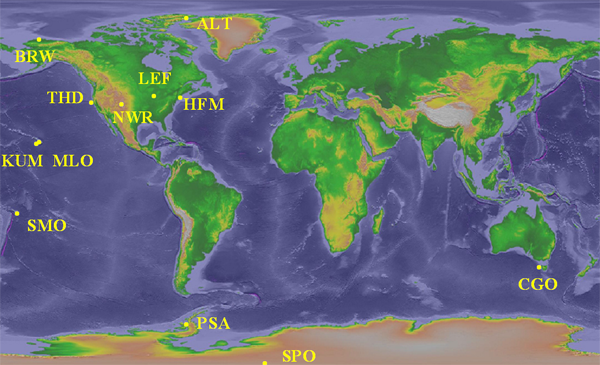 Locations across Earth's surface where regular measurements are taken