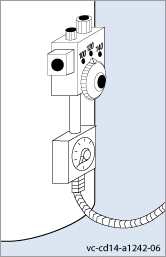 Illustration of a water heater showing the thermostat with a timer dial connected just below.