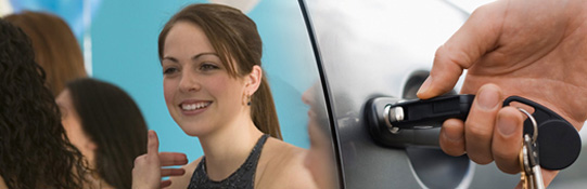 Collage of teen gril in prom dress fading into hand with key in car door