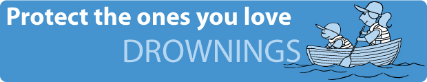 drownings banner: Protect the ones you love - adult and child on a boat wearing personal floatation devices
