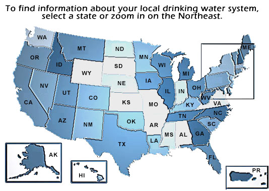 United States Map: To find information about your local drinking water system, select a state or zoom in on the Northeast.