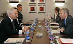 U.S. Defense Secretary Robert M. Gates and NATO Secretary General Jaap de Hoop Scheffer meet during the Budapest NATO Conference, Oct. 9, 2008, in Budapest, Hungary. DoD photo by U.S. Air Force Tech. Sgt. Jerry Morrison