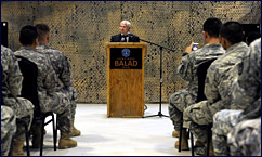 U.S. Defense Secretary Robert Gates talks with the troops during a town hall meeting on Joint Base Balad, Iraq, Dec. 13, 2008. DoD photo by Tech. Sgt. Jerry Morrison