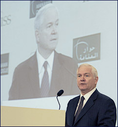 U.S. Defense Secretary Robert M. Gates gives a speech during the opening of International Institute for Stategic Studies' fifth annual Manama Dialogue in Bahrain, Dec. 13, 2008.  DoD photo by Air Force Tech. Sgt. Jerry Morrison
