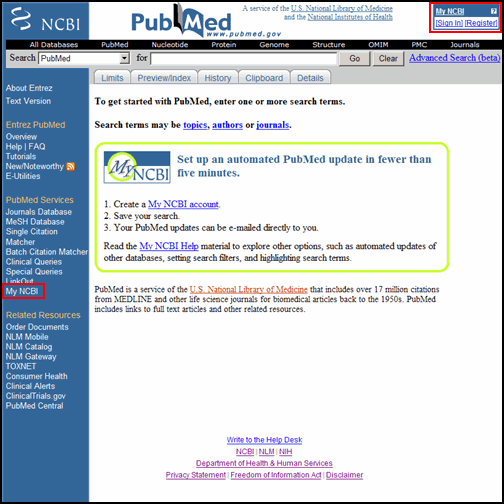 Screen shot of PubMed homepage highlighting My NCBI on the sidebar