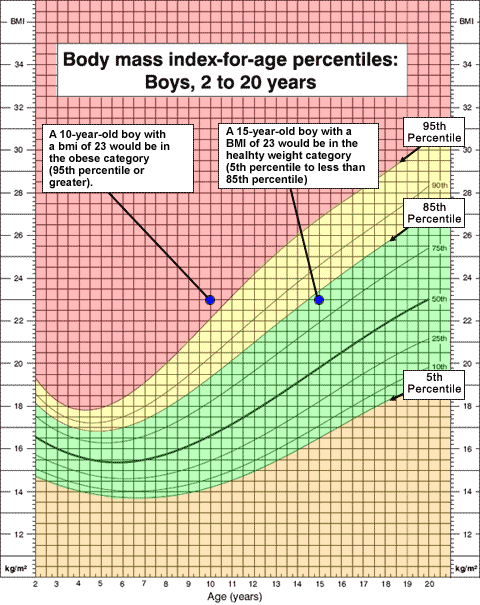 Growch chart example showing differing percentiles for same BMI.