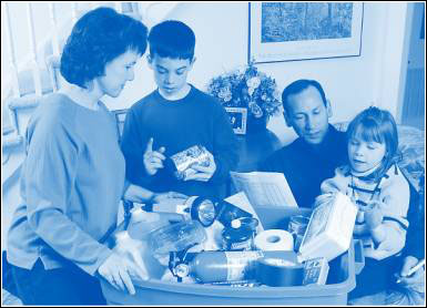 Image of family gathering food supplies for disaster supplies kit