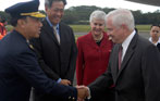 Defense Secretary Robert M. Gates is greeted upon his arrival in Singapore by(l. to r.) Singaporean Defense Attache Brig. Gen. Richard Lim, Minister of Defense Mr. Teo Chee Hean, and U.S. Ambassador Patricia Herbold on Friday May 30, 2008. Secretary Gates is on a seven-day trip visiting the Pacific and to attend the 2008 Shangri-La Dialogues in Singapore.  Defense Dept. photo by Tech. Sgt. Jerry Morrison