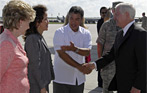 Defense Secretary Robert M. Gates is greeted by Guam Governor Felix P. Camacho and his wife Joann upon his arrival on Anderson AFB, Guam, May 29, 2008.  Secretary Gates is in Guam beginning a 7 day trip to the Pacific.  Defense Dept. photo by Tech. Sgt. Jerry Morrison