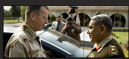 U.S Navy Adm. Mike Mullen, chairman of the Joint Chiefs of Staff, meets with Gen. Tariq Majid, chairman of the Pakistani Joint Chiefs of Staff Committee, Islamabad, Pakistan, March 4, 2008. This was Mullen's second trip to the country in less than a month to discuss regional security and offer assistance in its fight against al Qaeda. Defense Dept. photo by U.S. Navy Petty Officer 1st Class Chad J. McNeeley