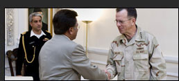 U.S Navy Adm. Mike Mullen, chairman of the Joint Chiefs of Staff, greets Pakistani President Pervez Musharraf in Islamabad, Pakistan, March 4, 2008. Defense Dept. photo by U.S. Navy Petty Officer 1st Class Chad J. McNeeley