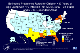 Slide 15: Estimated Prevalence Rates for Children <13 Years of Age Living with HIV Infection (not AIDS), 2007—34 States and 5 U.S. Dependent Areas

For children living with HIV/AIDS, prevalence rates per 100,000 population are shown for 34 states and 5 U.S. dependent areas with confidential name-based HIV infection surveillance.

Areas with the highest prevalence rates in 2007 were New York, the U.S. Virgin Islands, Louisiana, Florida, Georgia, and New Jersey.

The following 34 states and 5 U.S. dependent areas have had laws or regulations requiring confidential name-based HIV infection surveillance since at least 2003: Alabama, Alaska, Arizona, Arkansas, Colorado, Florida, Georgia, Idaho, Indiana, Iowa, Kansas, Louisiana, Michigan, Minnesota, Mississippi, Missouri, Nebraska, Nevada, New Jersey, New Mexico, New York, North Carolina, North Dakota, Ohio, Oklahoma, South Carolina, South Dakota, Tennessee, Texas, Utah, Virginia, West Virginia, Wisconsin, Wyoming, American Samoa, Guam, the Northern Mariana Islands, Puerto Rico, and the U.S. Virgin Islands.

The data have been adjusted for reporting delays.