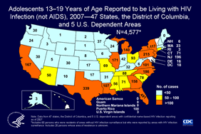 Slide 18: Adolescents 13–19 Years of Age Reported to be Living with HIV Infection (not AIDS), 2007—47 States, the District of Columbia, and 5 U.S. Dependent Areas N=4,577

At the end of 2007, a total of 4,577 adolescents, 13–19 years of age, were reported to be living with HIV infection (not AIDS) in 47 states, the District of Columbia, and 5 U.S. dependent areas with confidential name-based HIV infection surveillance.

In 2007, the District of Columbia and the following 47 states and 5 US dependent areas conducted HIV case surveillance and reported cases of HIV infection in adults, adolescents, and children to CDC: Alabama, Alaska, Arizona, Arkansas, California, Colorado, Connecticut, Delaware, Florida, Georgia, Idaho, Illinois, Indiana, Iowa, Kansas, Kentucky, Louisiana, Maine, Massachusetts, Michigan, Minnesota, Mississippi, Missouri, Montana, Nebraska, Nevada, New Hampshire, New Jersey, New Mexico, New York, North Carolina, North Dakota, Ohio, Oklahoma, Oregon, Pennsylvania, Rhode Island, South Carolina, South Dakota, Tennessee, Texas, Utah, Virginia, Washington, West Virginia, Wisconsin, Wyoming, American Samoa, Guam, the Northern Mariana Islands, Puerto Rico, and the U.S. Virgin Islands.

Data exclude persons who have died and were reported to the HIV/AIDS Reporting System as of December 2007.