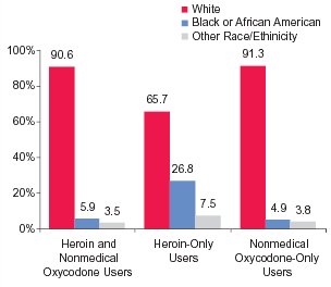 Figure 2. Percentages of Lifetime Heroin Users and/or Lifetime Nonmedical Oxycodone Users, by Race/Ethnicity: 2002 and 2003