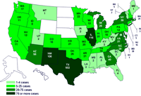 Personas infectadas por el brote de la cepa de Salmonella saintpaul, Estados Unidos, por estado, hasta las 9 pm EST del 29 de julio de 2008